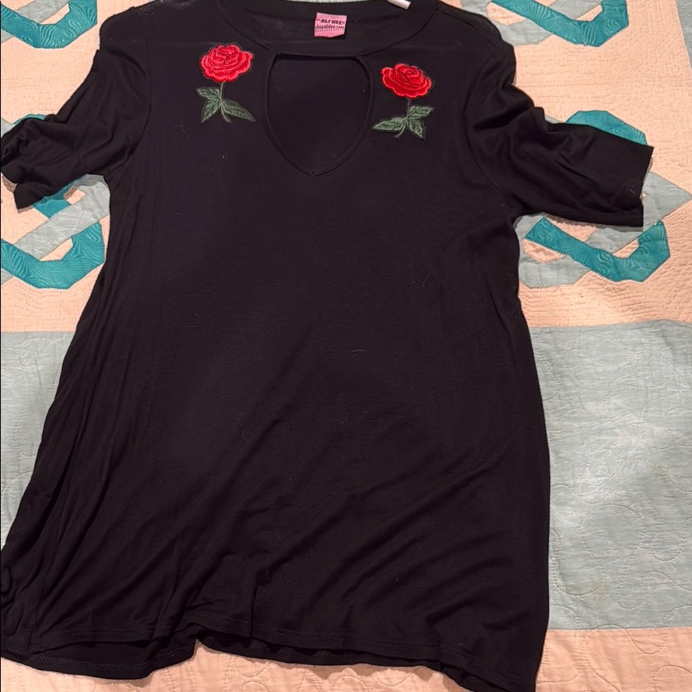Black Dress with Red Rose Embroidery